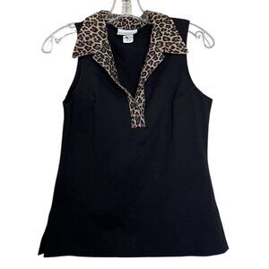 Tracey Lynn Golf Tank Top Womens Size‎ Small Leopard Collar Black V Neck